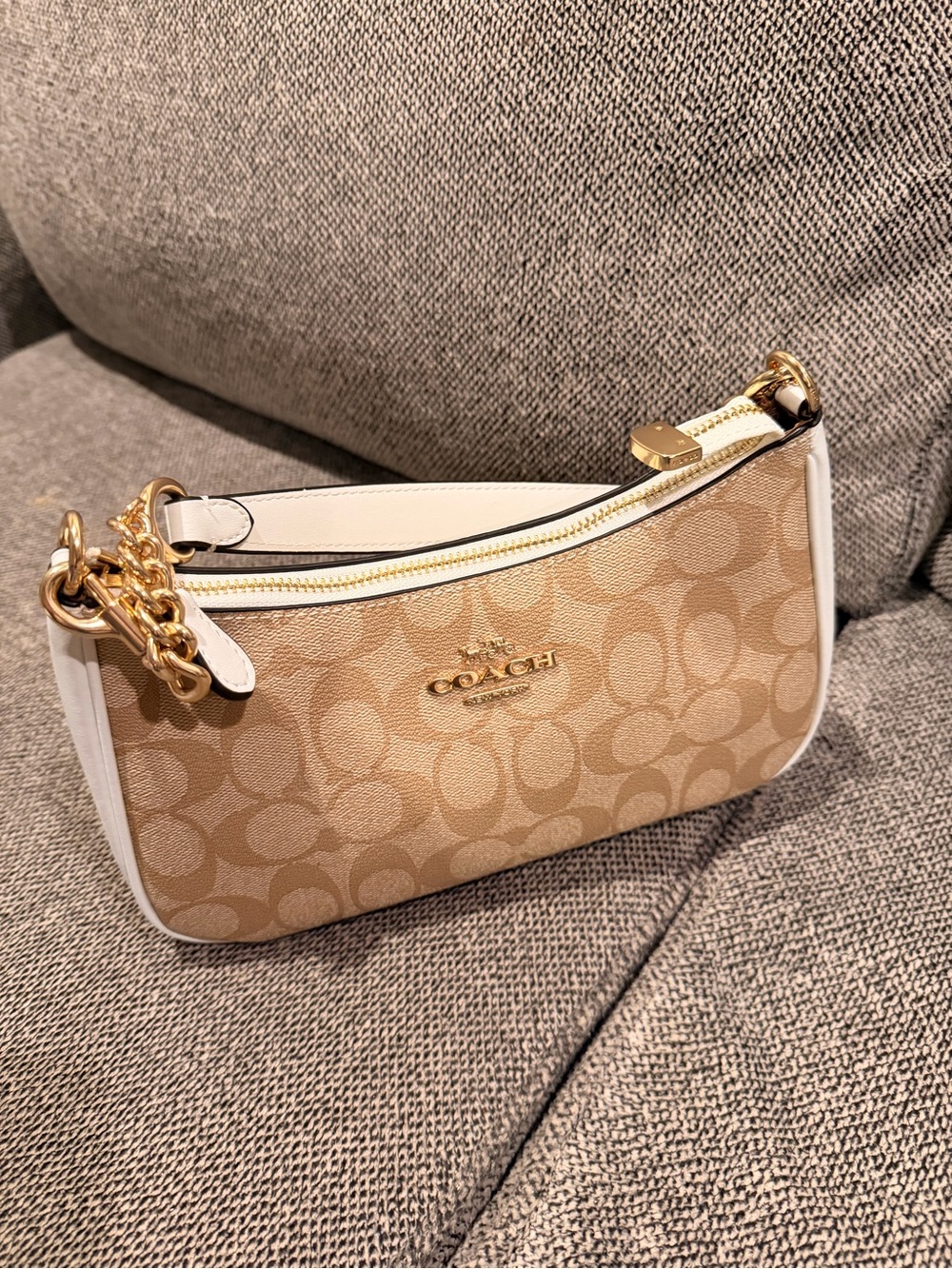 Coach Beige Signature Canvas Wristlet with White Trim and Gold Hardware